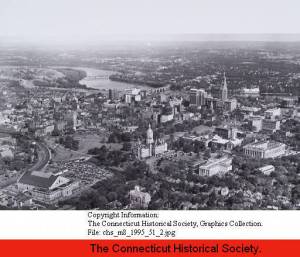Aerial view of Hartford from the west. Photograph by Arthur J. Kiely, Jr., Connecticut Historical Society Graphics Collection. Accessed from: http://www.cthistoryonline.org/cdm/singleitem/collection/cho/id/1588/rec/13