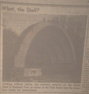 "What, the Shell? " Hartford Times, April 25, 1945. Caption reads, "Striking without notice, the wreckers advance on the Music Shell in Bushnell Park on orders of the Park Board and the structure heads for memoryland."